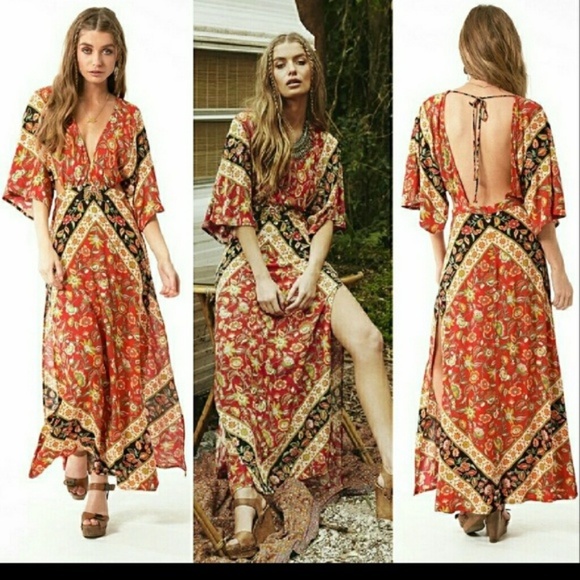 festival floral print red boho v neck midi dress backless - Picture 5 of 6